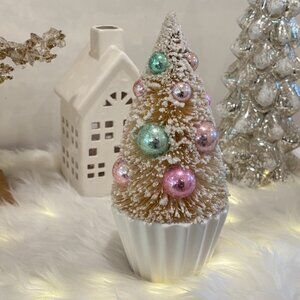 White Sparkling Snow Bottlebrush Christmas Tree Pink Green Cupcake Ornaments New